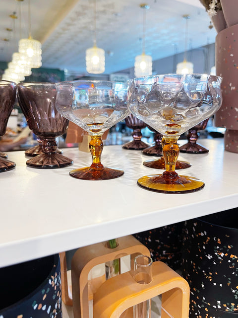 Vintage Tiffin Clear and Amber Glasses with Unique Stems