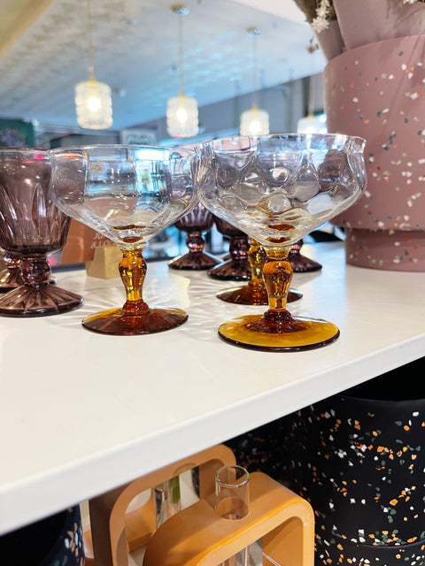 Vintage Tiffin Clear and Amber Glasses with Unique Stems