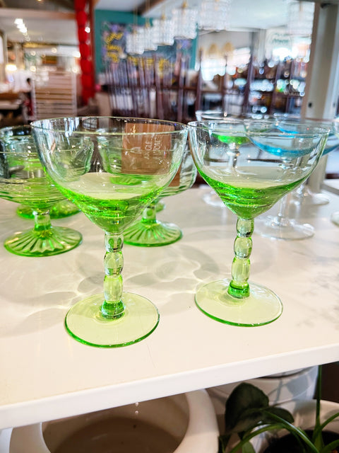 Vintage Imperial Glass Vaseline Bubble Stem Glasses