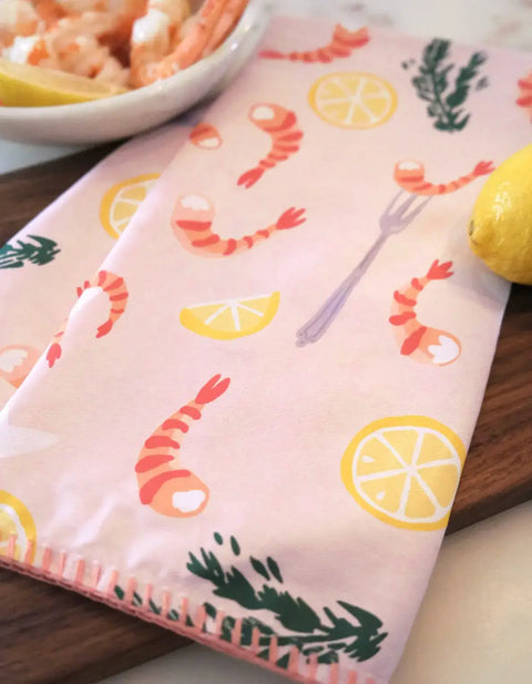 Shrimp Cocktail Tea Towel with Embroidered Detail