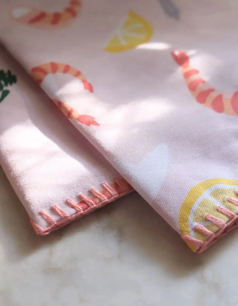 Shrimp Cocktail Tea Towel with Embroidered Detail