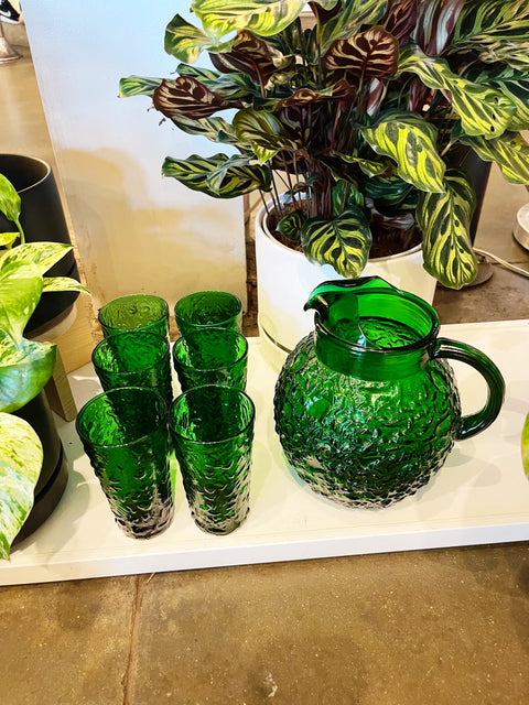 Vintage Anchor Hocking Lido Emerald Green Glasses and Pitcher
