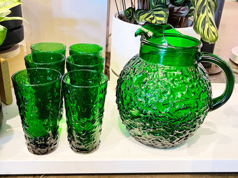 Vintage Anchor Hocking Lido Emerald Green Glasses and Pitcher