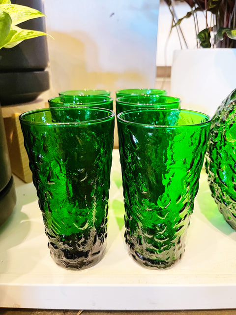Vintage Anchor Hocking Lido Emerald Green Glasses and Pitcher