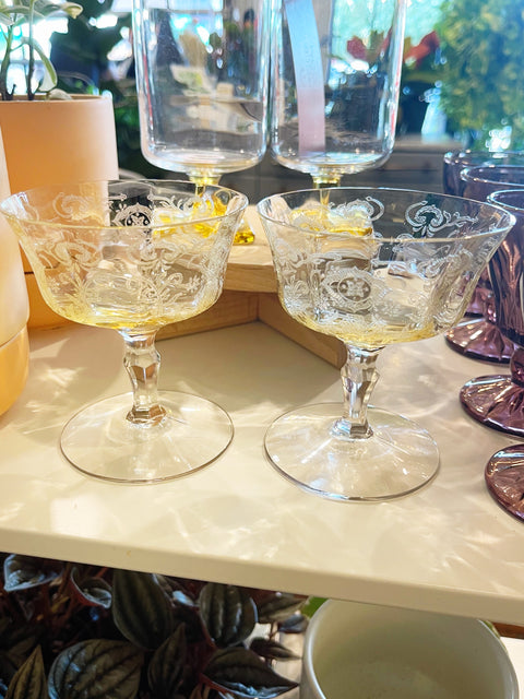 Vintage Fostoria Versailles Etched Topaz Champagne Coupe Glasses