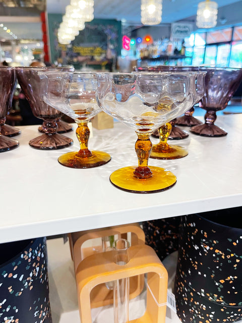 Vintage Tiffin Clear and Amber Glasses with Unique Stems