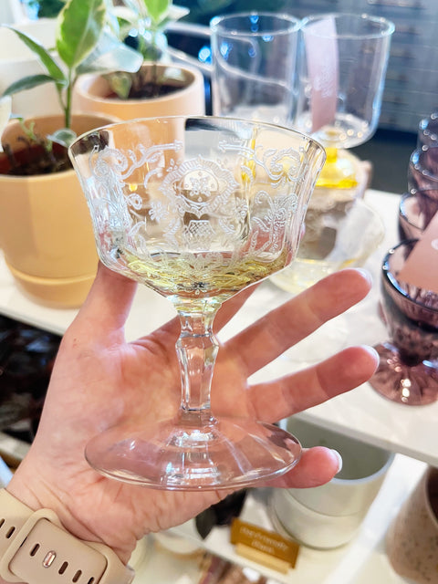 Vintage Fostoria Versailles Etched Topaz Champagne Coupe Glasses