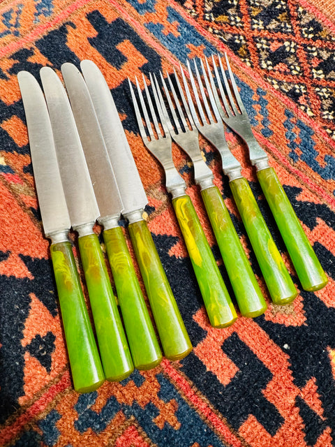 Vintage Enamel Bakelite Silverware Sets