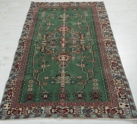 #19 Vintage Green Turkish Rug 3x6'